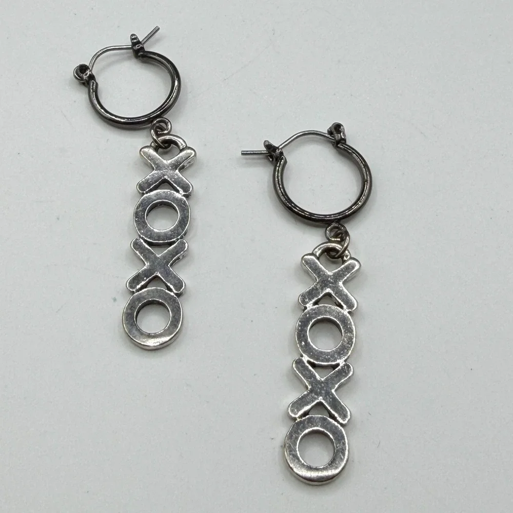 Silver Tone XOXO Drop Hoop Earrings Long Dangle Hugs Kisses Statement Jewelry